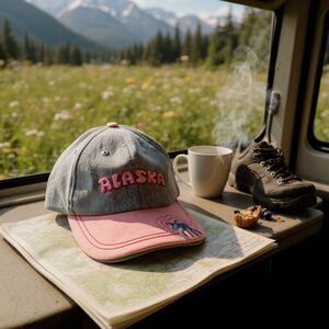 Alaska Women's Pink and Blue Moose Ball Cap Hat Adjustable Baseball